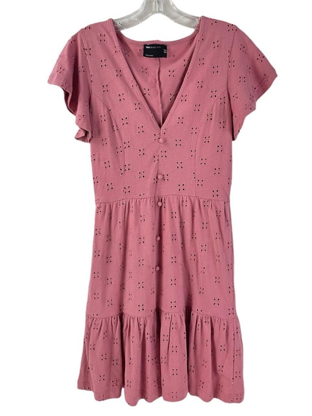 ASOS DESIGN Broderie V-Neck Button Through Mini Dress Rose Pink Eyelet Lace